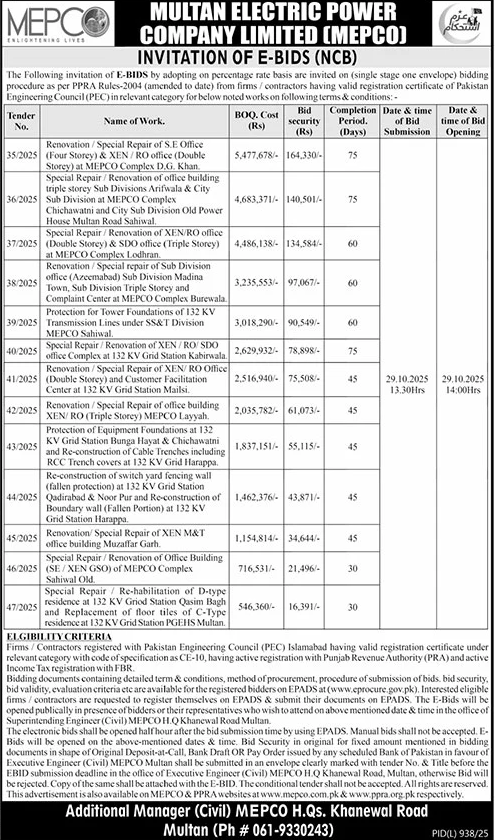 Multan Electric Power Company Limited Tender Notice
